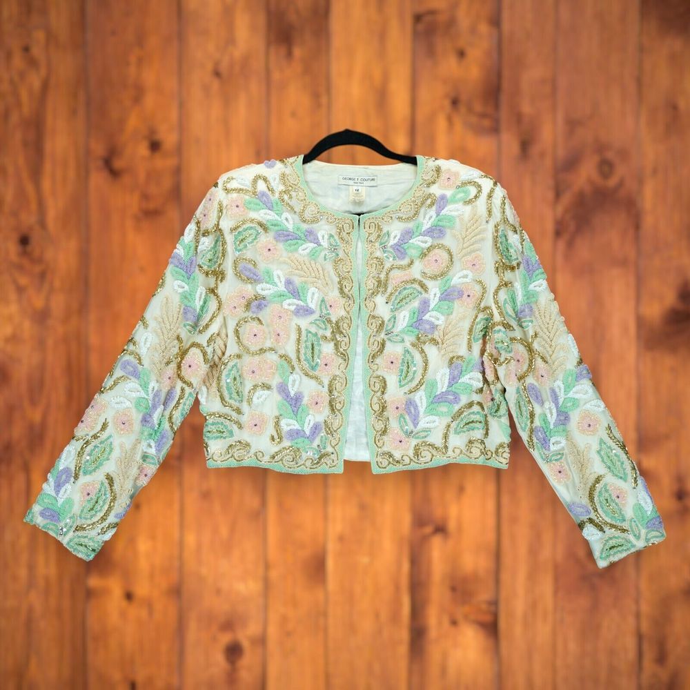 Vintage GEORGE F COUTURE Women's Jacket Hand Beaded Floral Pattern‎ Size 12 RARE